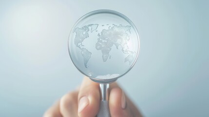 Wall Mural - A person is holding a magnifying glass and looking at a globe