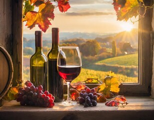 Art autumn countryside wine background; vine, red wine bottles, wineglass, wine barrel; wine