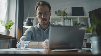 Canvas Print - A young serious male businessman conducts online business training, a conference, sitting in the office at the table. Shows documents, a project on the laptop monitor. Explains, advises