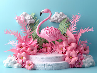 Wall Mural - Summer 3D podium background flamingo pink product pedestal party scene display beach. Podium platform 3D palm summer vacation backdrop pastel isolated spring studio stand flower template holiday