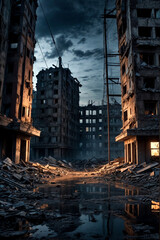 Poster - Night cityscape of ruins damage city after doomsday, apocalyptic urban landscape. Scenery of apocalypse survivor, abandoned city, skyline. Global apocalyptic conflict concept. Copy ad text space