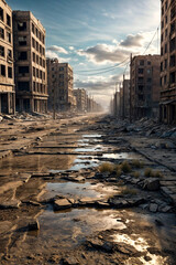 Wall Mural - Post apocalyptic urban scenery image of desert city wasteland, abandoned and destroyed buildings, cracked road. Cityscape of doomsday scene. Global apocalyptic conflict concept. Copy ad text space