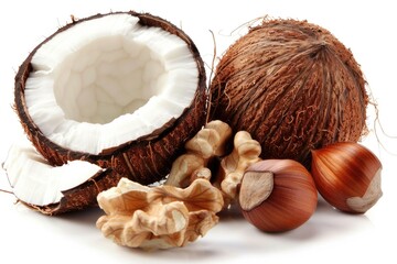 Poster - Coconut And Hazelnut. Close-up of Coconut, Hazelnut, and Walnut isolated on White Background