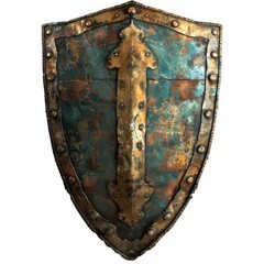 Ancient weathered metallic shield with a vertical emblem, showcasing rust and patina, ideal for medieval and historical themes.