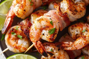 Bacon Shrimp. Epicure Snack: Seafood Wrapped in Bacon with Lime and Spices