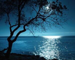 Wall Mural - Moonbeam. Tranquil Sea Background with Silhouettes of Trees Against Bright Sky