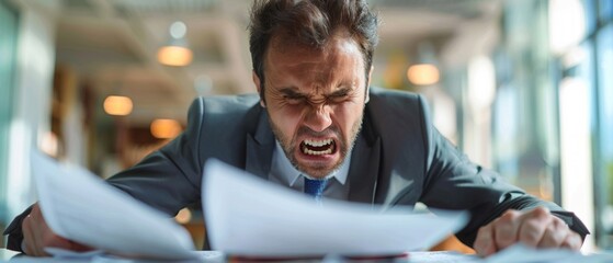 Wall Mural - A suited businessman at his desk displays anger, yelling at a document, revealing high stress in the intense moment of frustration.