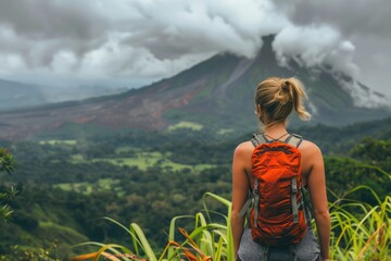 Wall Mural - Costa Rica Volcano. Female Hiker Admiring Arenal Volcano Amidst Beautiful Central American Landscape