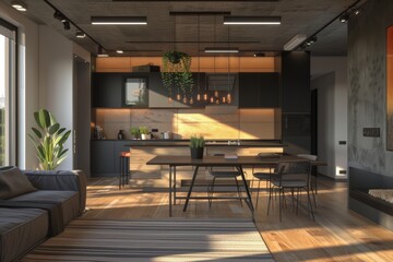 Wall Mural - modern kitchen in loft style with black walls and wooden floor