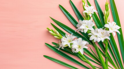 Wall Mural - A bouquet of white flowers is arranged on a pink background