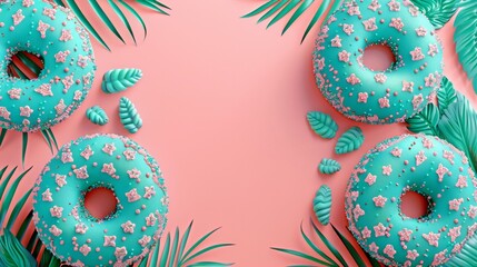 Wall Mural - A close up of four donuts with pink and green sprinkles on top