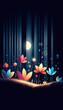 © Giuseppe Cammino - Closeup of a colorful magical flowers on the grass into a dark forest, minimalist illustration