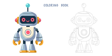 Coloring book of cheerful funny cartoon children's robot. Coloring page of cute cyborg, futuristic modern bot, android, smiling character in flat vector illustration isolated on white background.