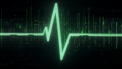 Fototapete - A green digital heartbeat graphic displayed on a black background with a subtle grid pattern.
