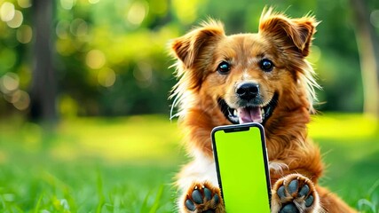 Dog portrait holding chroma key phone in paws, phone with green screen. vertical mock up for advertising, Dog using showing smartphone, online shopping, care, pet goods, veterinarian.