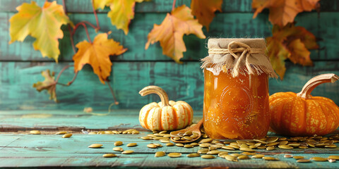 Jar of sweet pumpkin jam and seeds on green wooden background