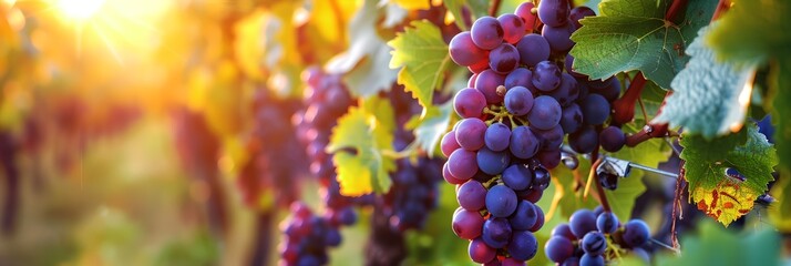 Wall Mural - A bunch of grapes hanging from a vine. The grapes are purple and the leaves are green. The sun is shining on the grapes, making them look even more vibrant