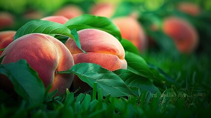 Wall Mural - A close up of a bunch of peaches on a green leaf