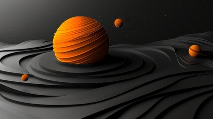 Orange Sphere Resting on Black Swirling Landscape