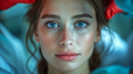 Wall Mural - Close Up Portrait of a Young Woman With Blue Eyes and Freckles