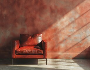 Canvas Print - Red leather armchair in front of a red wall.