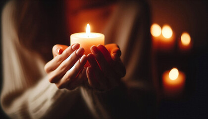 Wall Mural - Close-up photo of hands holding a lit candle in dim light