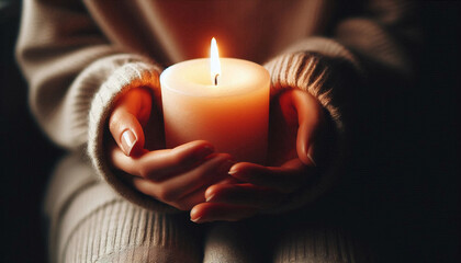 Wall Mural - Close-up photo of hands holding a lit candle in dim light