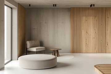 Wall Mural - Interior of modern living room with wooden and wooden walls, concrete floor, white round table and two armchairs.