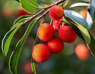 Wall Mural - A branch with Arbutus unedo fruits