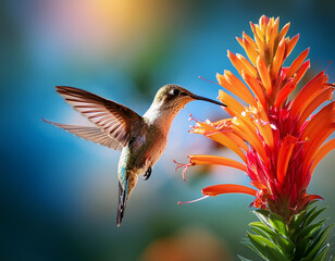 A hummingbird feeding on a flower