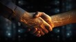 © Login - A confident handshake between people. The concept of success of profitable business deals and successful negotiations. Illustration in the technique of luminous grid.