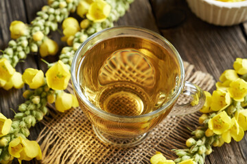 Sticker - A cup of herbal tea with fresh blooming mullein or Verbascum densiflorum plant