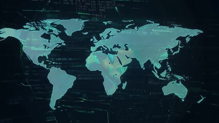 Wall Mural - A glowing, teal world map with continents outlined, set against a dark background of digital code.