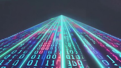 Leinwandbilder - A bright, neon-colored light display, shaped like a pyramid, illuminates binary codes