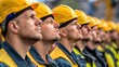 © Login - A large group of people wearing construction helmets. A team of laborers of construction workers. The concept of unity, teamwork, assembly, standing up for your rights at a rally or skill building.