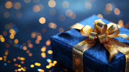 Blue gift box with gold ribbon and bow on dark blue background with golden bokeh lights.