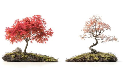 Japanese Maple tree from small plant to fullgrown compare difference real size have space between tree, realistic isolated on white background