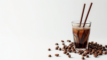 Canvas Print - Coffee beans and straw in a glass isolated on white background with space for text Creative coffee concept