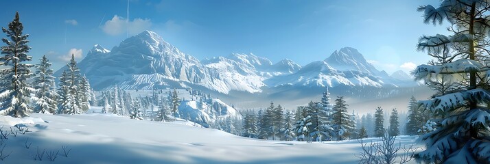 Wall Mural - mountain landscape covered in snow during winter, with a clear blue sky and pine trees, detailed textures and serene atmosphere, perfect for a winter-themed wallpaper