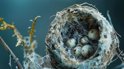 close-up photo of an open bird nest with eggs, featuring a small white egg with dried vines against a dark blue background, cinematic macro photography style