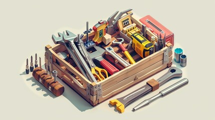 A wooden crate full of various tools. The crate is made of light brown wood and has a metal handle on each side.