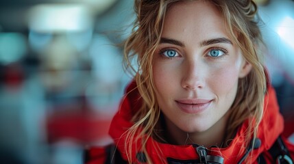 Wall Mural - Close Up Portrait of a Woman With Blue Eyes in a Red Jacket