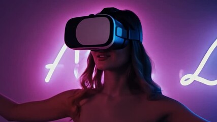 Poster - A woman wearing a virtual reality headset stands in front of a neon sign, looking into the virtual world.