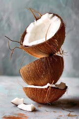 Wall Mural - A stack of three coconut shells, coconut fruit cut in half and stacked on top of each other.