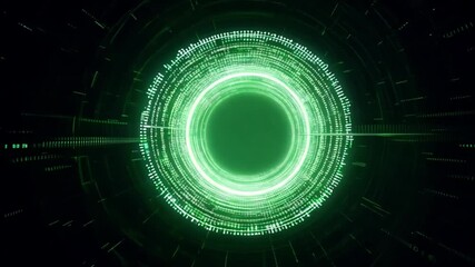 Fototapete - A glowing green ring made of data points spins within a digital environment, creating an abstract background.