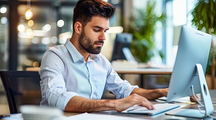 A man uses laptops for indoor work purposes. Web user on the net. Online meeting. Mobile employee at work. A businessman or entrepreneur. Illustration for cover, brochure, advertising or presentation.