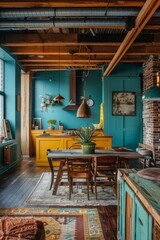 Wall Mural - Interior of a loft-style kitchen with yellow walls and wooden floor