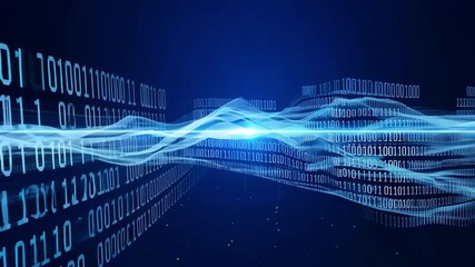 Fototapete - A digital wave of binary code data flows across a dark blue background, creating a sense of movement and energy.