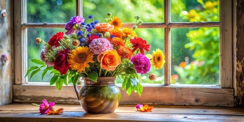 Rustic Windowsill with Colorful Flower Arrangement, Window, Flower, Bouquet, Summer