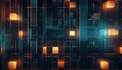 Wall Mural - abstract orange cubes glowing in a dark blue grid